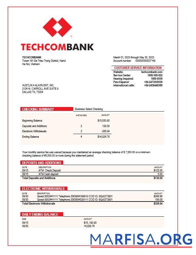 Downloadable Techcombank corporate checking account statement Word and PDF template